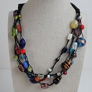Vintage Hand Knotted Multicolor Glass Cord Necklace Bohemian 20In Toggle Clasp